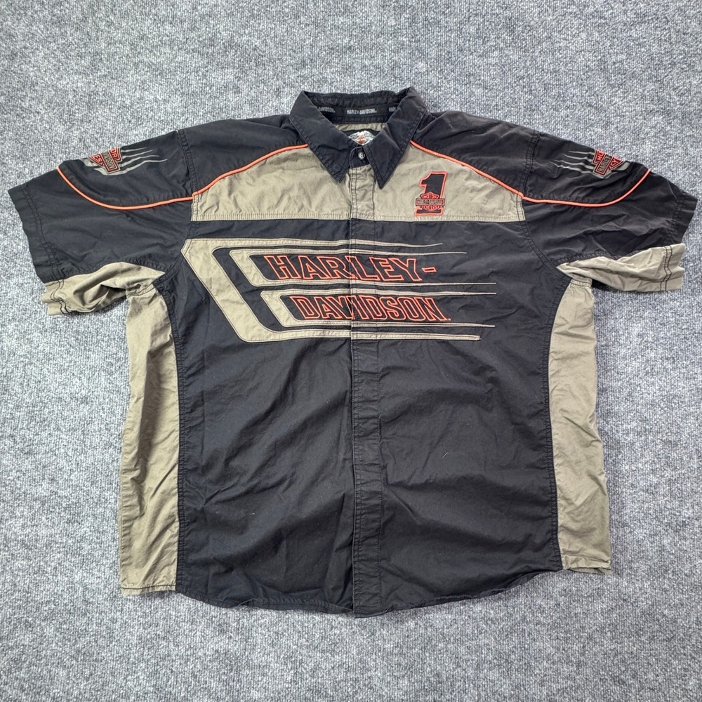 Harley Davidson Button Up Shirt Mens 2XL Black Tan Embroidered Retro Biker